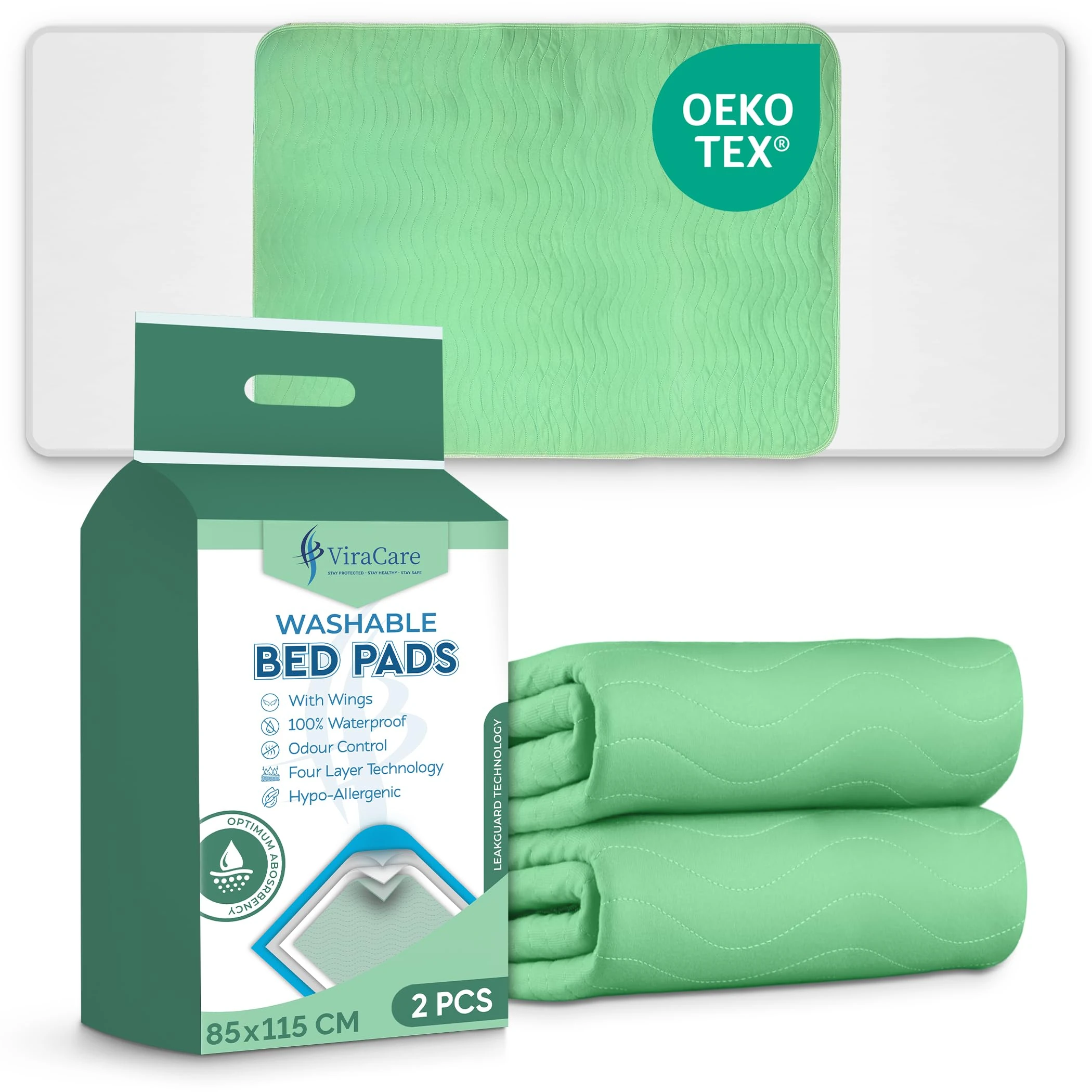 4 x Washable Incontinence Bed Pads | 85 x 115 cm | Incontinence Bed Sheets | Suitable for Double Bed | with Tucks & Colour Green | Absorbent Pads | (85x115 cm, 2 Packs of 2)