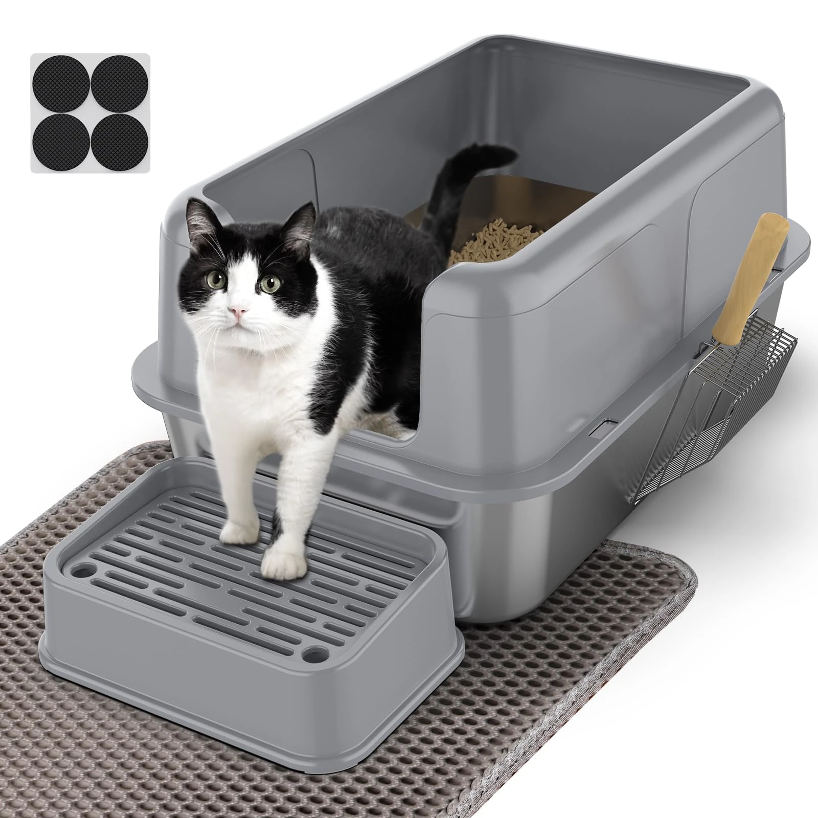 PKBD XL Stainless Steel Cat Litter Tray, 32L Large Litter Box with Detachable Enclosure, Includes XL Mat, Metal Scoop and Filter Pedal for Older Cats and Litter Saving, Suitable for Most Cats