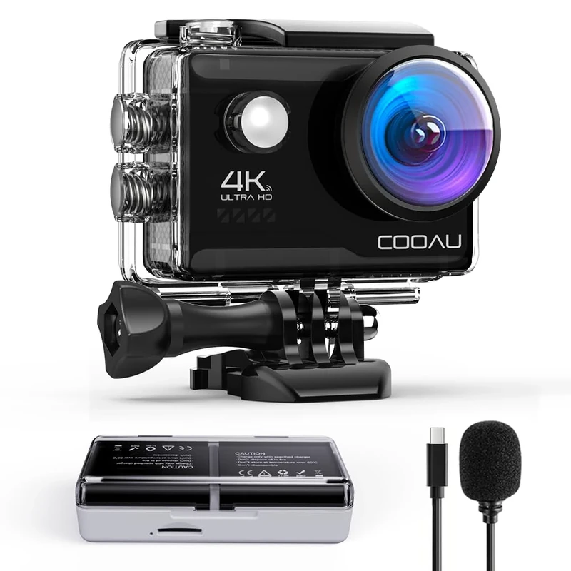 COOAU Action Cam HD 4K 64MP WiFi EIS Stabilization with External Microphone Underwater Camera 40M with Remote Control Waterproof Video Camera 170° Wide Angle Time Lapse/2 Batteries (Black)