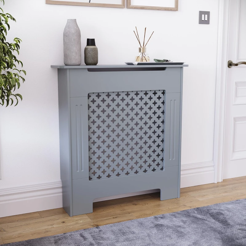 Vida Designs Oxford Radiator Cover Grey - Small - Traditional Cross Pattern Design For Optimal Heat Circulation - H82xW78xD19cm - Painted MDF Cabinet Ideal For Living Room & Hallway