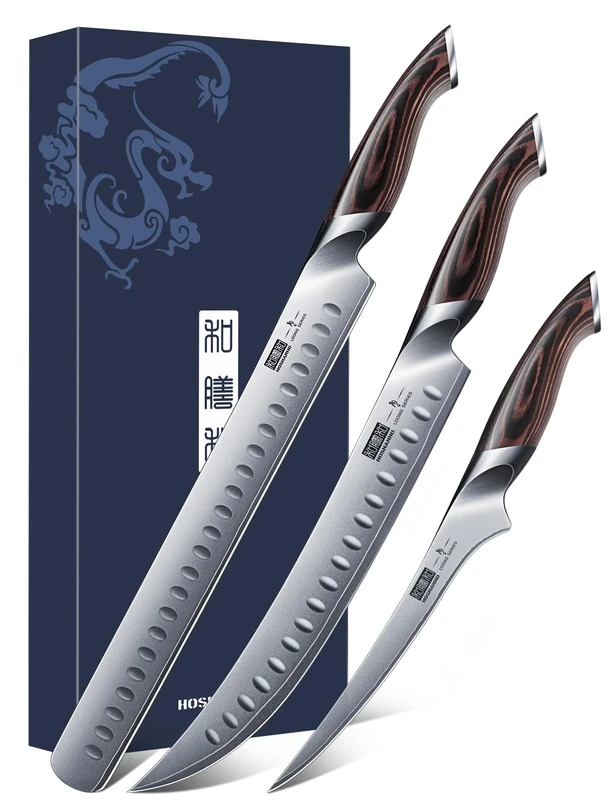 HOSHANHO Carving Knife Set 3PCS, Japanese High Carbon Steel Brisket Slicing Knife Sets with Ergonomic Pakkawood Handle, Butcher Breaking Boning Knife for Meat Cutting