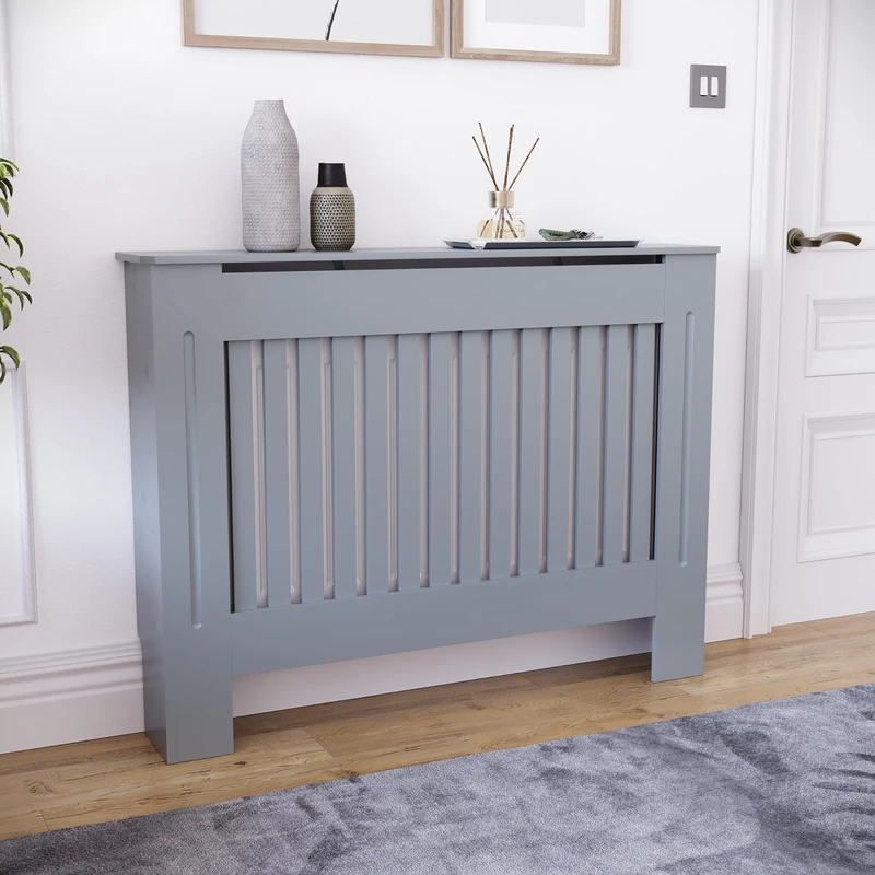 Vida Designs Chelsea Radiator Cover Grey - Medium - Modern Vertical Slat Design For Optimal Heat Circulation - H82xW111xD19cm - Painted MDF Cabinet Ideal For Living Room & Hallway