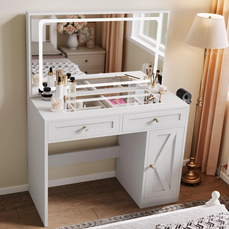 YITAHOME Dressing Table with LED Mirror, Makeup Desk with Adjustable 3-Colour Lighting, Safety Glass Top & Built-in Plug Socket, White Vanity Table for Bedroom