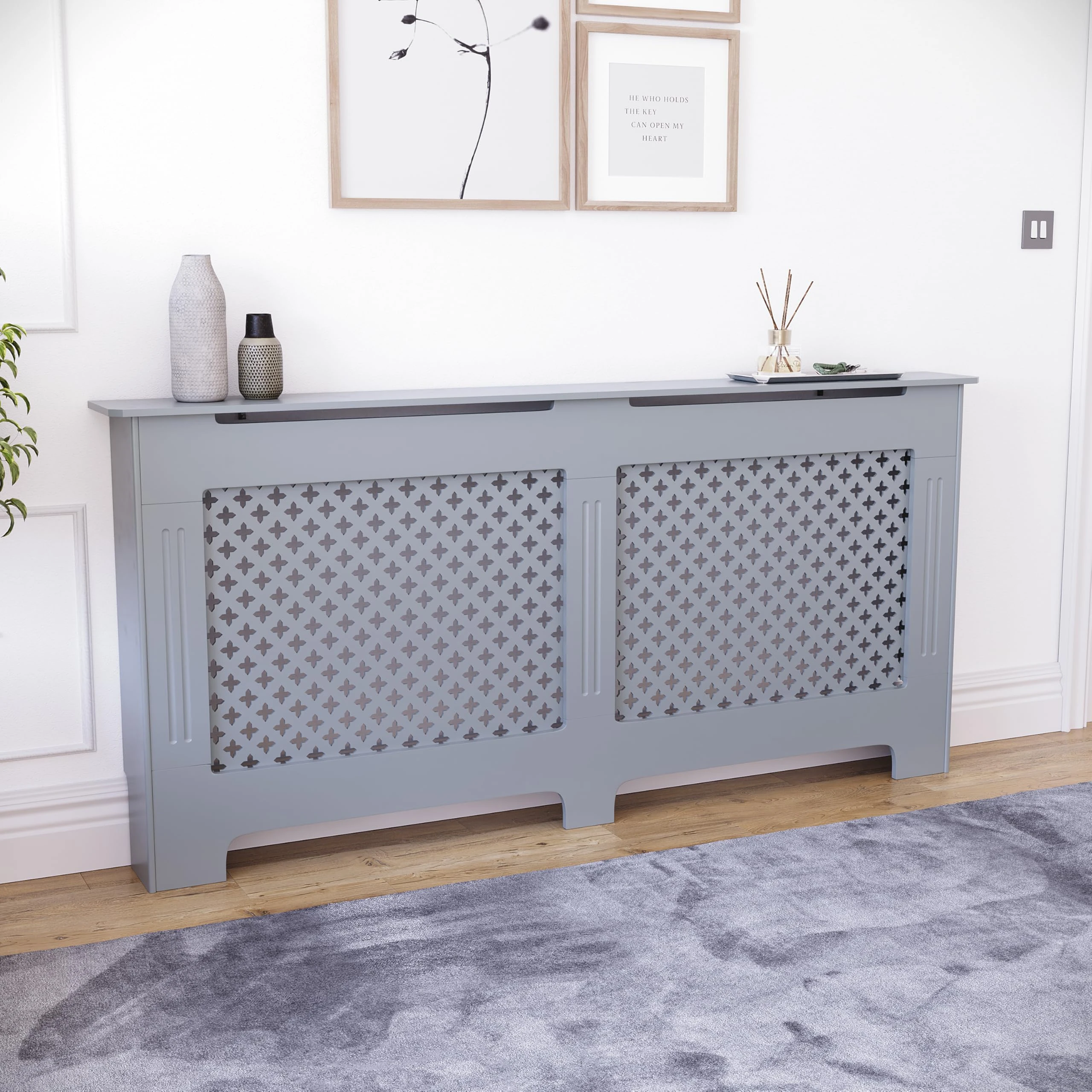 Vida Designs Oxford Radiator Cover – Traditional Cross Pattern, Grey, MDF, Painted Finish, Heat Efficient, Extra Large, (H 82 x W 172 x D 19 cm)