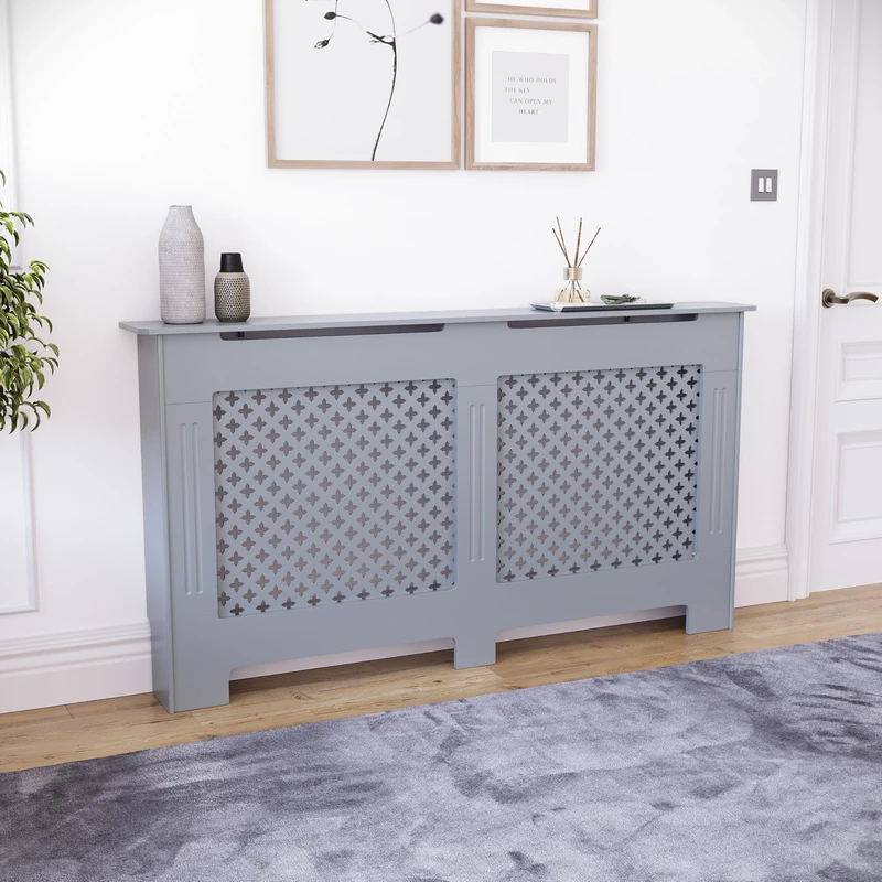 Vida Designs Oxford Radiator Cover Grey - Large - Traditional Cross Pattern Design For Optimal Heat Circulation - H82xW152xD19cm - Painted MDF Cabinet Ideal For Living Room & Hallway