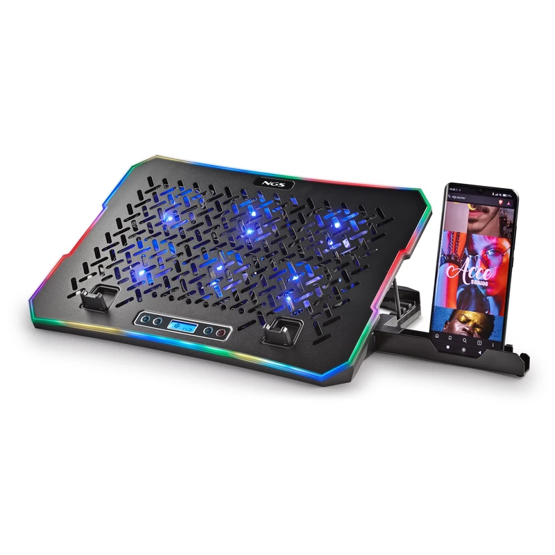 NGS Hero Stand Laptop Cooling Dock, 6 Quiet Fans, LCD Display, RGB, Height Adjustable, 2 USB Ports, Smartphone Holder, Non-Slip, 2400 RPM - Image 1