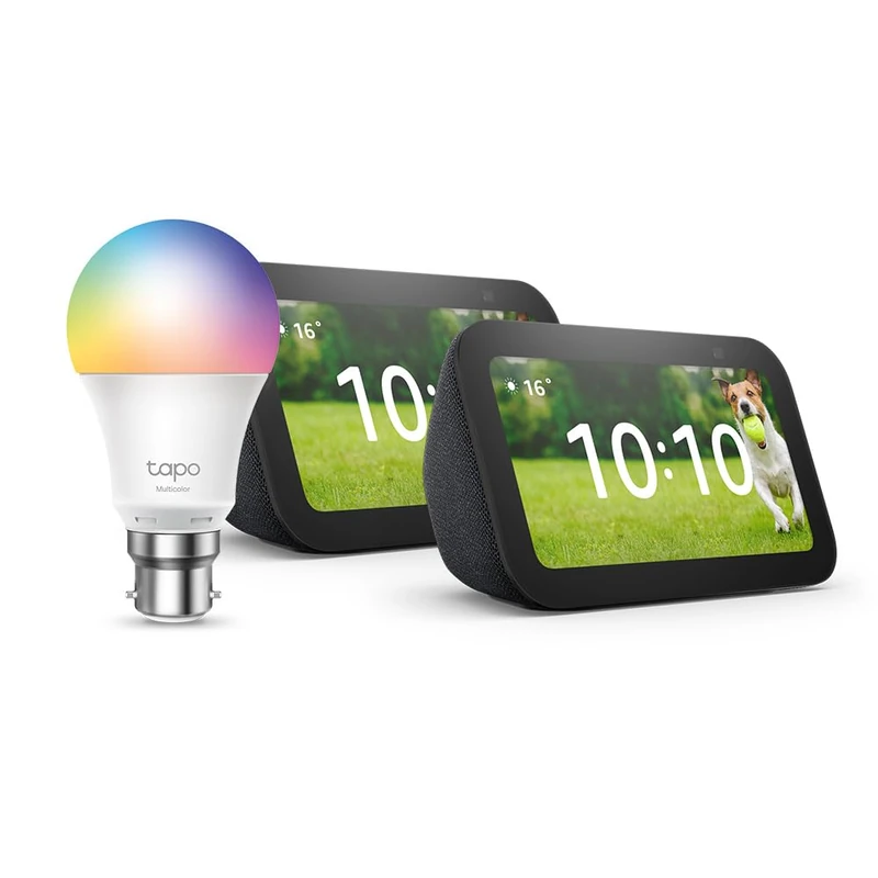 Echo Show 5 (3rd generation) | Charcoal, 2-pack + Tapo L530BA Smart Light Bulb (B22), Works with Alexa - Smart Home Starter Kit, with Alexa+ Early Access