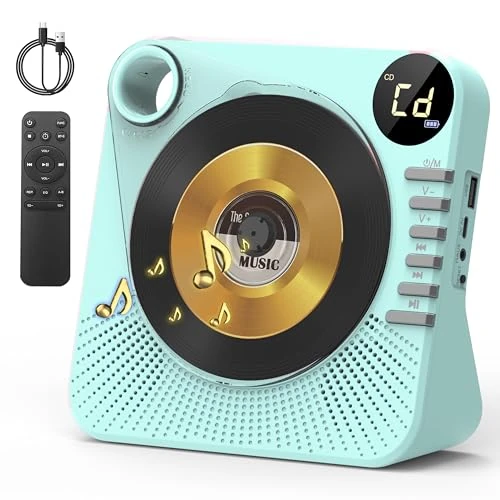 Greadio Portable CD Player with Bluetooth 5.0, CD Players for Home, CD Music Player with Speakers, Remote Control, Dust Cover, LED Display, HiFi Sound, AUX/USB Playback, Earphone Jack (Blue)