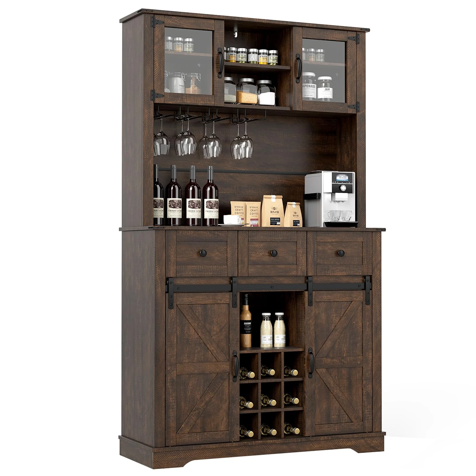 COSTWAY 184cm Tall Kitchen Cupboard, Buffet Storage Cabinet with Wine Rack, Stemware Holder, 2 Tempered Glass Doors, 2 Sliding Barn Doors & 3 Drawers, Wooden Sideboard Organizer for Pantry Dining Room