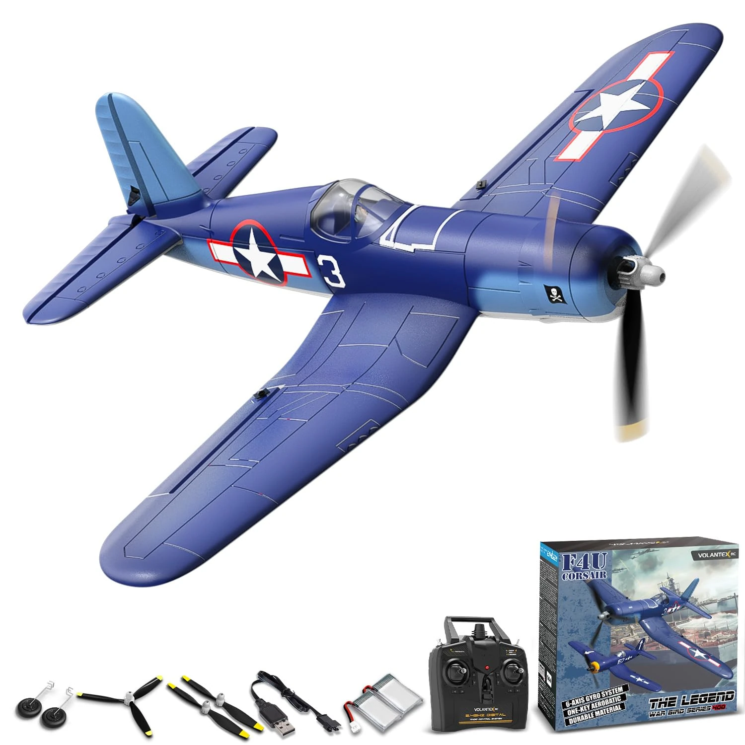 VOLANTEXRC RC Plane for Beginners, 4CH Remote Control Plane F4U RTF with 2 Batteries and Xpilot Stabilization Stystem, One-Key Aerobatic, 2.4Ghz WWII RC Airplane for Adults (76108)