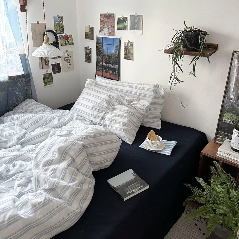 MKXI Twin Size Duvet Cover Set - 100% Washed Cotton Blue & White Striped Bedding, Soft & Breathable 3-Piece Set with Zipper Closure & Corner Ties, Modern Coastal Vintage Style