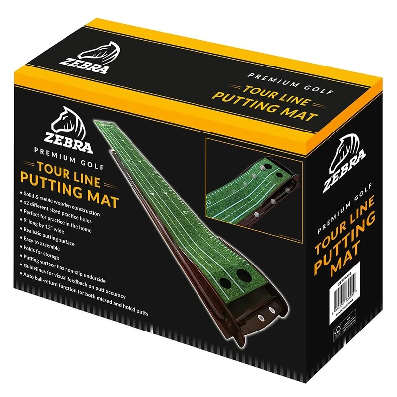 Zebra Deluxe Wooden Putting Mat – Premium Indoor Golf Trainer with Auto Ball Return, Tour Line Alignment Guide, Dual Practice Holes, Folding Design – Home & Office Golf Practice Green 9f