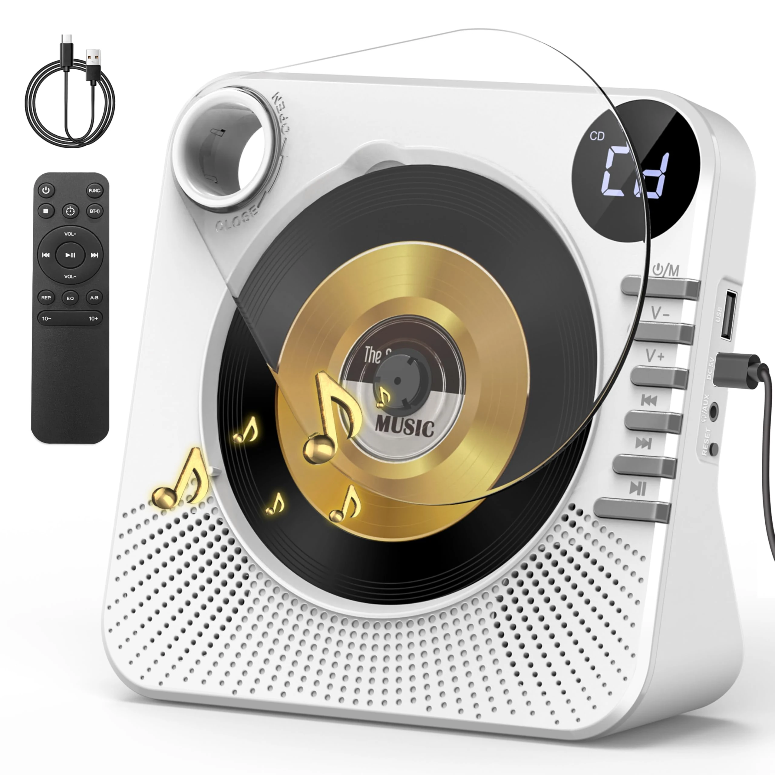 Greadio Portable CD Player with Bluetooth 5.1, CD Players for Home, CD Music Player with Speakers, Remote Control, Dust Cover, LCD Display, HiFi Sound, AUX/USB Playback, Earphone Jack (White)