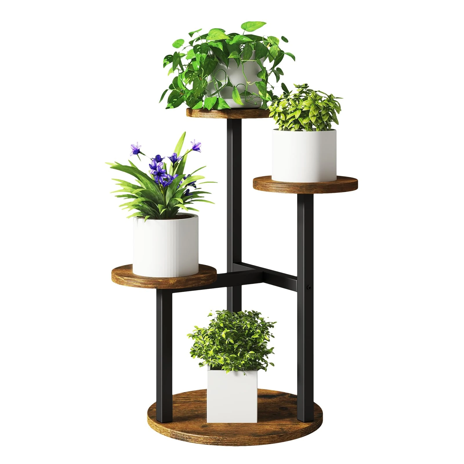 IBUYKE 4 Tier Plant Stand Indoor, Metal Wood Plant Shelf for Multiple Plants, Small Tiered Corner Flower Pot Stand for Living Room Patio Balcony Garden, Rustic Brown TMJ073H