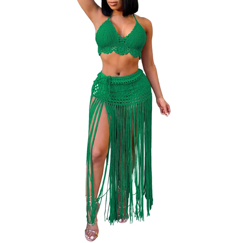 Beach Dress Women's Short Crochet Women's Suit, European American Clothing, Pure Handhook Beach Bikini Top, Extended Tassel Skirt, Two Piece Set Women's Summer Dress, Green, One size