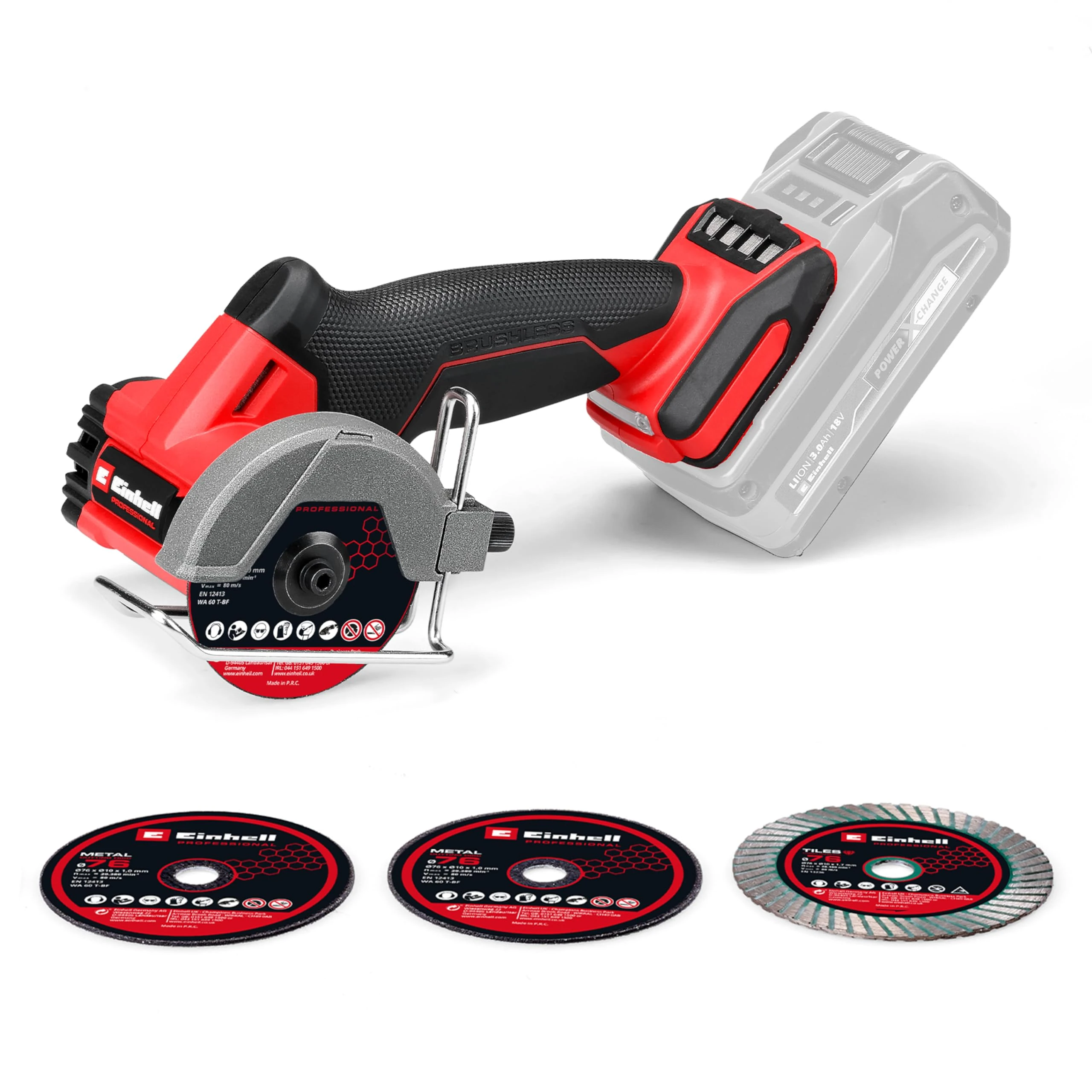 Einhell Professional Cordless Cut-Off Tool TP-CO 18/76-C Li BL-Solo (18 V, brushless, 76 mm disc Diameter, 16 mm Cutting Depth, Depth Adjustment, incl. 4X Cutting disc, Without Battery)