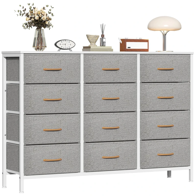 GoaHi Chest of Drawers with 12 Drawers,Bedroom Drawers, Fabric Dresser with Wood Top,Drawer Storage Unit for Bedroom, Living room, Light Grey