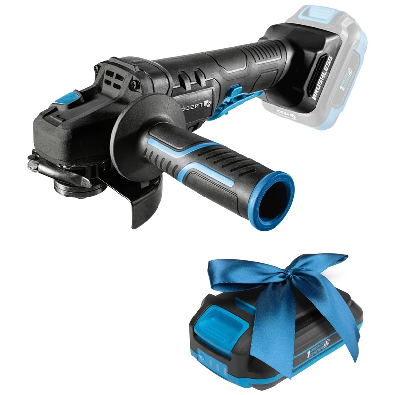 HÖGERT TECHNIK Cordless Angle Grinder 125 mm, 18 V Brushless Motor, 8000 RPM, Tool-Free Protections, Safety Paddle Switch, Metal Gear + Promo 2.0 Ah