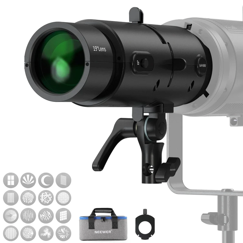 NEEWER LS-300 Spotlight Optical Snoot for 300W Bowens Mount LED Video Lights with 16x Gobo 19° Projection Lens 98% Light Transmittance Geometric Shaper for Creative Photography & Enhanced Illuminance