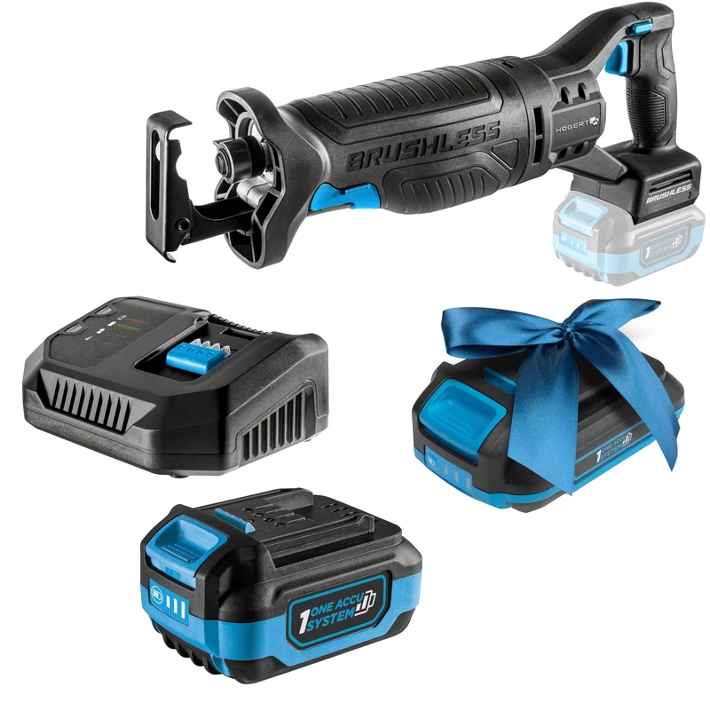 HÖGERT TECHNIK Cordless Reciprocating Saw Set, 18 V Brushless, Includes 4.0 Ah Battery and Quick Charger, 0-3000 RPM, 28 mm Saw Blade Stroke, Metal Gear, Anti-Vibration Handle + Promo 2.0 Ah Battery