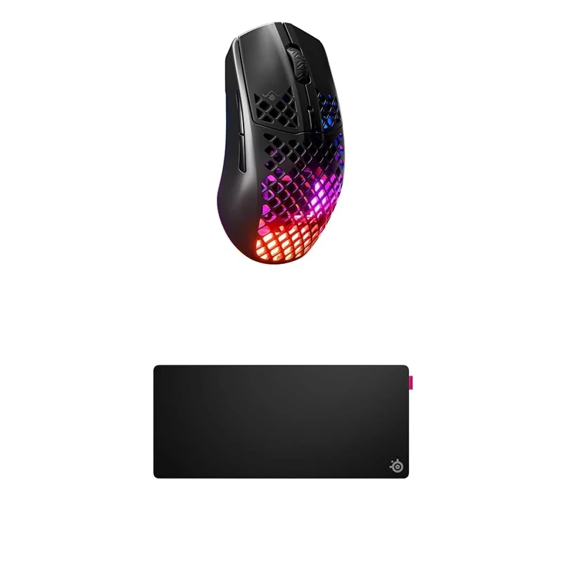 SteelSeries Aerox 3 Wireless Onyx - Holey RGB Gaming Mouse - Ultra-light Water Resistant Design - 18K DPI TrueMove Air Optical Sensor QcK XL Performance Speed Gaming Mousepad 900x400mm