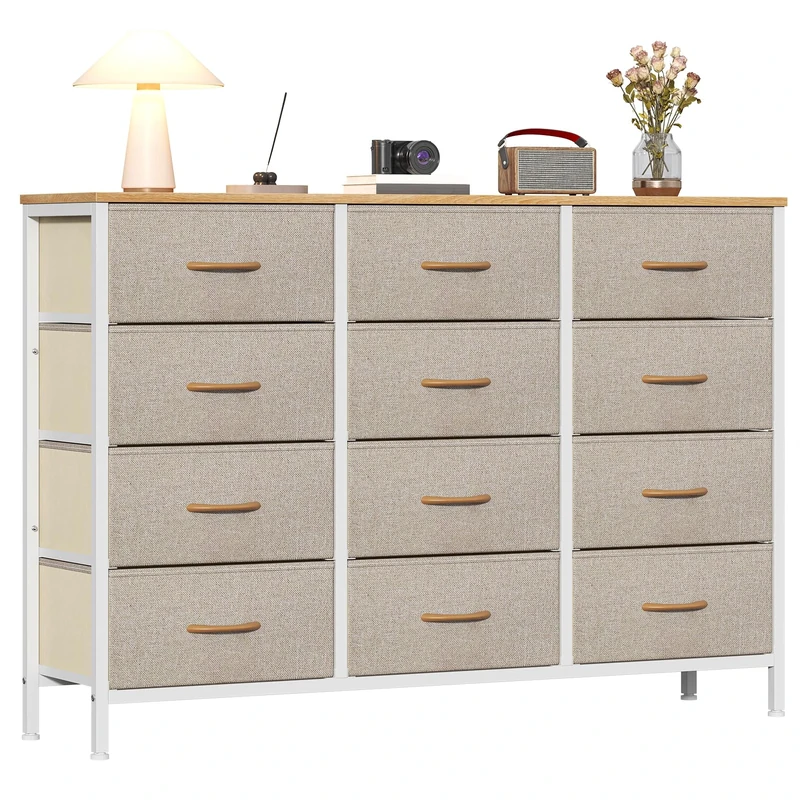 GoaHi Chest of Drawers with 12 Drawers,Bedroom Drawers, Fabric Dresser with Wood Top,Drawer Storage Unit for Bedroom, Living room, Beige