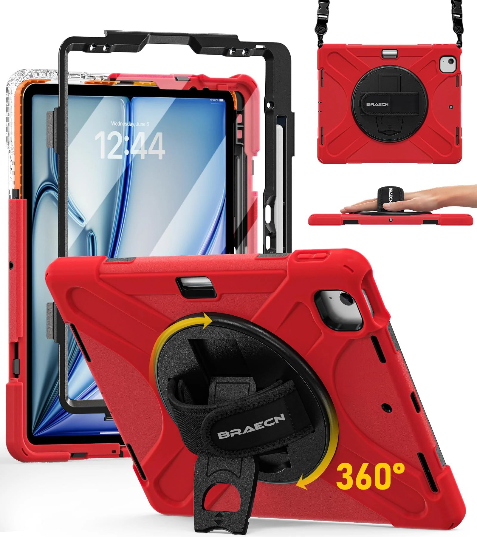 BRAECN Case for iPad Air 13 Inch 2025(M3)/2024(M2) & iPad Pro 12.9''(2022/2021/2020/2018), Full-Body Protection Screen Protector Pencil Holder 360° Rotating Handle Kicktand Shouler Strap Kids Friendly