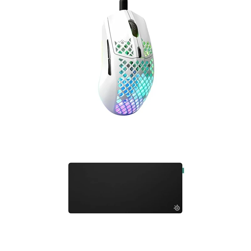 SteelSeries Aerox 3 Snow - Holey RGB Gaming Mouse - Ultra-lightweight Water Resistant Design - 8.5K DPI TrueMove Core Optical Sensor QcK XL Performance Balance Gaming Mousepad 900x400mm