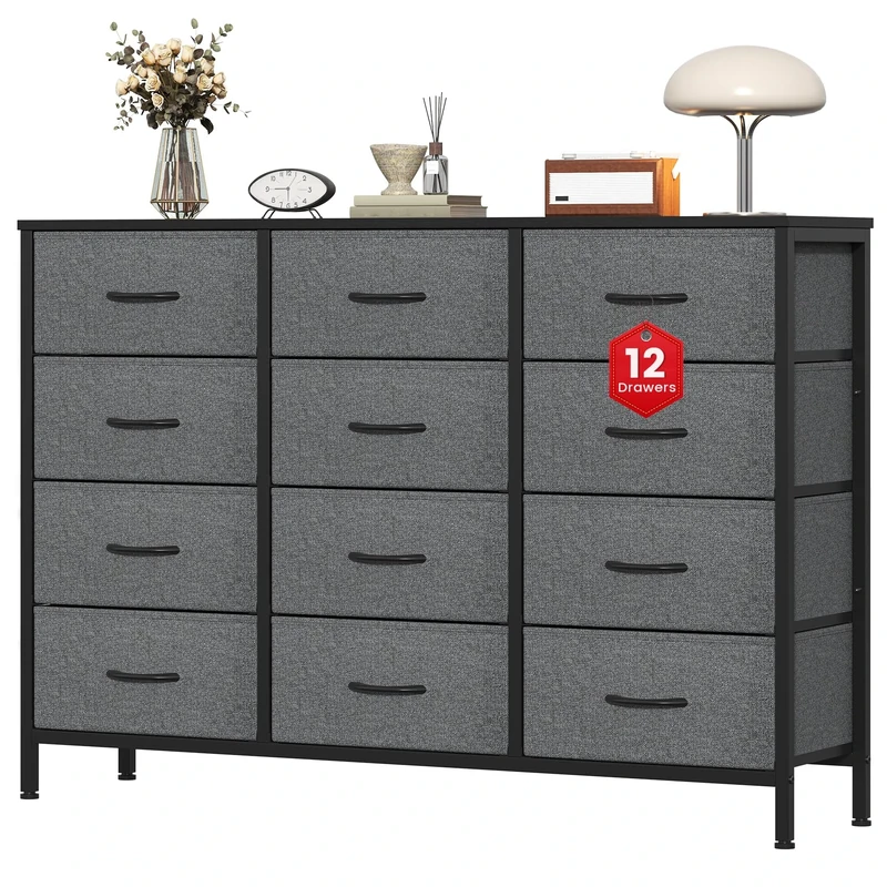 GoaHi Chest of Drawers with 12 Drawers,Bedroom Drawers, Fabric Dresser with Wood Top,Drawer Storage Unit for Bedroom, Living room, Deep Gray