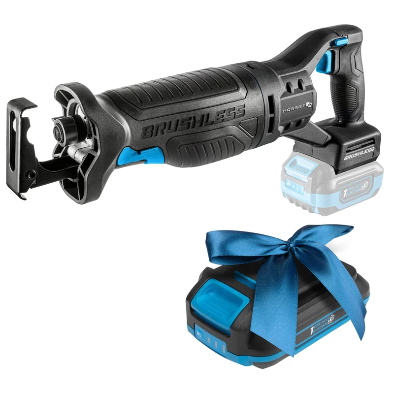 HÖGERT TECHNIK Cordless Reciprocating Saw 18 V, Brushless Motor, Wireless, 0-3000 RPM, 28 mm Saw Blade Stroke, Tool-Free Blade Change, Metal Gear, Anti-Vibration Handle, + Promo 2.0 Ah