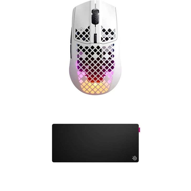 SteelSeries Aerox 3 Wireless Snow - Holey RGB Gaming Mouse - Ultra-light Water Resistant Design - 18K DPI TrueMove Air Optical Sensor QcK XL Performance Speed Gaming Mousepad 900x400mm