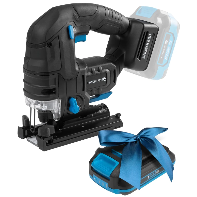 HÖGERT TECHNIK Cordless Pendulum Jigsaw 18 V, Brushless Motor, Wireless, 0-2600 RPM, 26 mm Blade Stroke, 4-Stage Blade Oscillation, Tool-Free Blade Change, LED, Aluminium Base + Promo 2.0 Ah