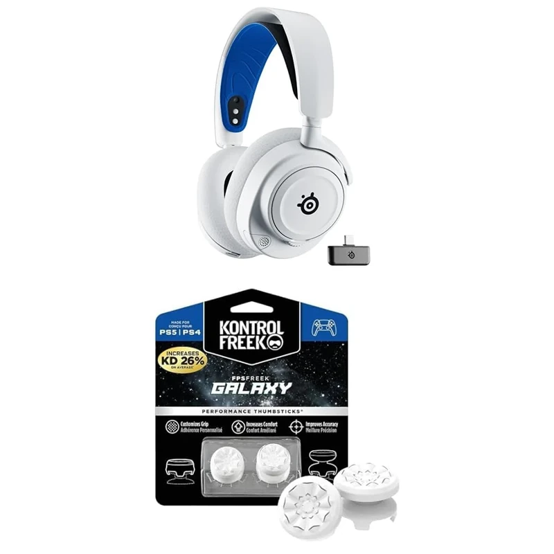 SteelSeries Arctis Nova 7P Wireless PS5 Gaming Headset - Neodymium Magnetic Drivers - 38H Battery + KontrolFreek FPS Freek Galaxy White for PlayStation (PS4/PS5 Controller) Performance Thumbsticks