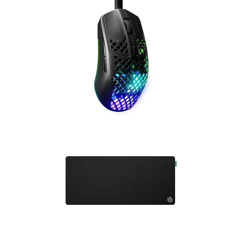 SteelSeries Aerox 3 Onyx - Holey RGB Gaming Mouse - Ultra-lightweight Water Resistant Design - 8.5K DPI TrueMove Core Optical Sensor QcK XL Performance Balance Gaming Mousepad 900x400mm