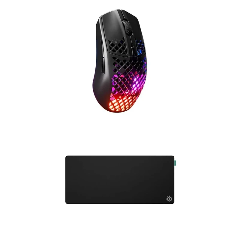 SteelSeries Aerox 3 Wireless Onyx - Holey RGB Gaming Mouse - Ultralight Water Resistant Design - 18K DPI TrueMove Air Optical Sensor QcK XL Performance Balance Gaming Mousepad 900x400mm