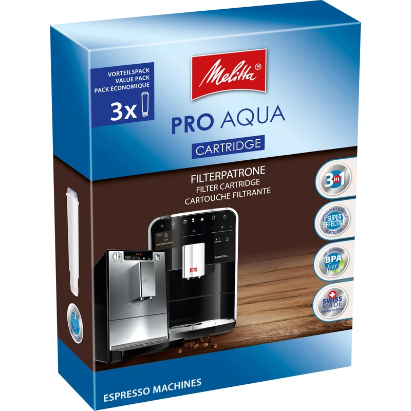 Melitta Pro Aqua Filter Cartridges (3 Cartridges) - Limescale Filter for Fully Automatic Coffee Machines, Prevent Limescale Deposition & Reduce Pollutants for the Best Coffee Taste