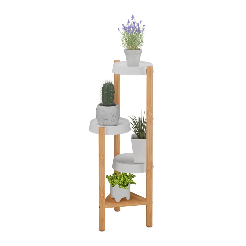 Relaxdays Plant Stand, 4 Tiers, Bamboo & Plastic, HWD: 78x28x34 cm, Shelves for Flower Pots & Herbs, Natural/White