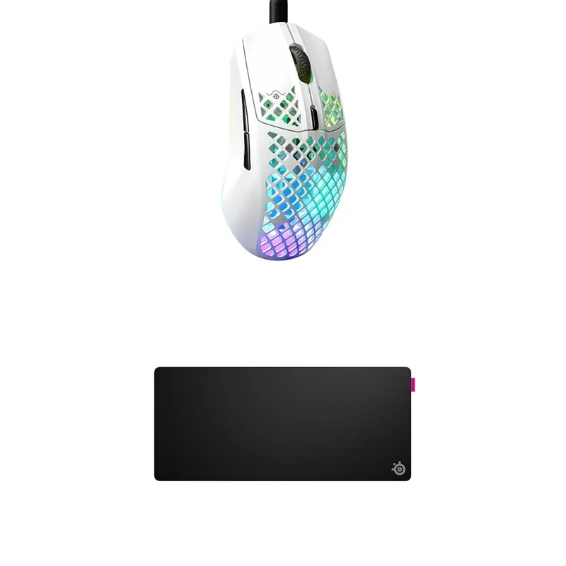 SteelSeries Aerox 3 Snow - Holey RGB Gaming Mouse - Ultra-lightweight Water Resistant Design - 8.5K DPI TrueMove Core Optical Sensor QcK XL Performance Speed Gaming Mousepad 900x400 mm