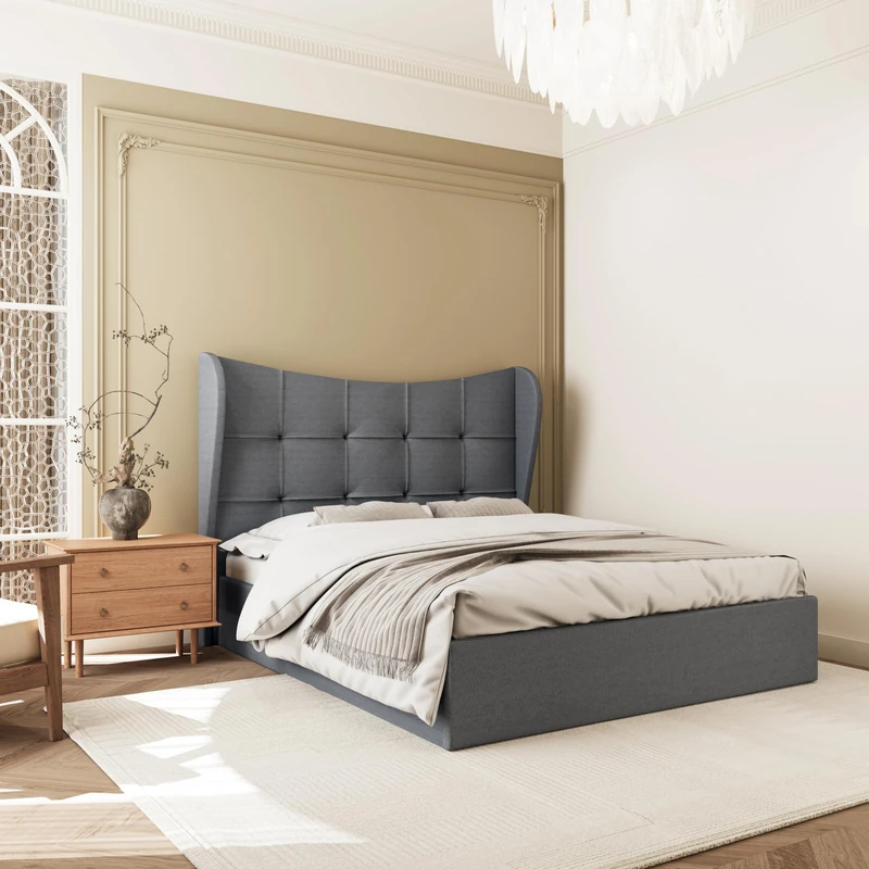 Seconique Verona 4'6" Double Ottoman Gas Lift Storage Bed in Grey Fabric