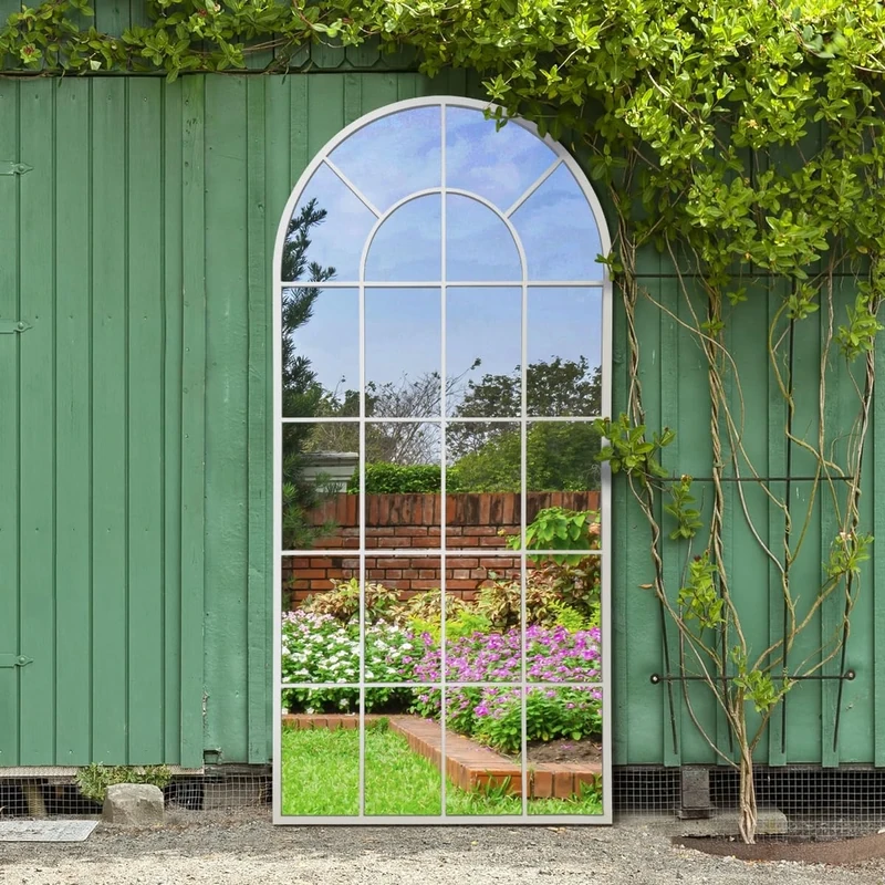 MirrorOutlet The Arcus - White Metal Framed Window Modern Arched Garden Mirror 71" X 33.5" (180CM X 85CM) Silver Mirror Glass with Black All weather Backing.