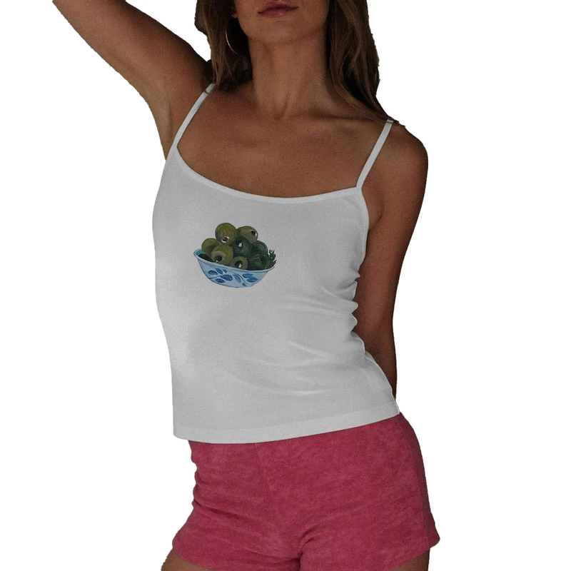 RUIWANBBY Women Y2k Floral Print Cami Crop Top Tight Fitted Scoop Neck Spaghetti Strap Cute Going Out Tank Tops Summer Clothes (Green, L)