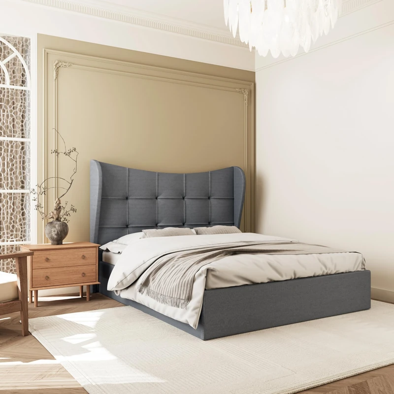 Seconique Verona 5' King Ottoman Gas Lift Storage Bed in Grey Fabric