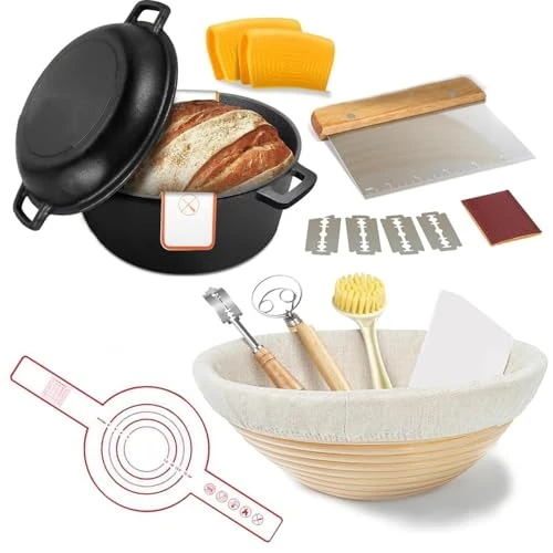 5QT Cast Iron Dutch Oven (Sourdough Starter Kit with Proofing Basket,Lame & Lid - Ideal for Bread Baking)(Family Cooking, Frying, Braising & BBQ)