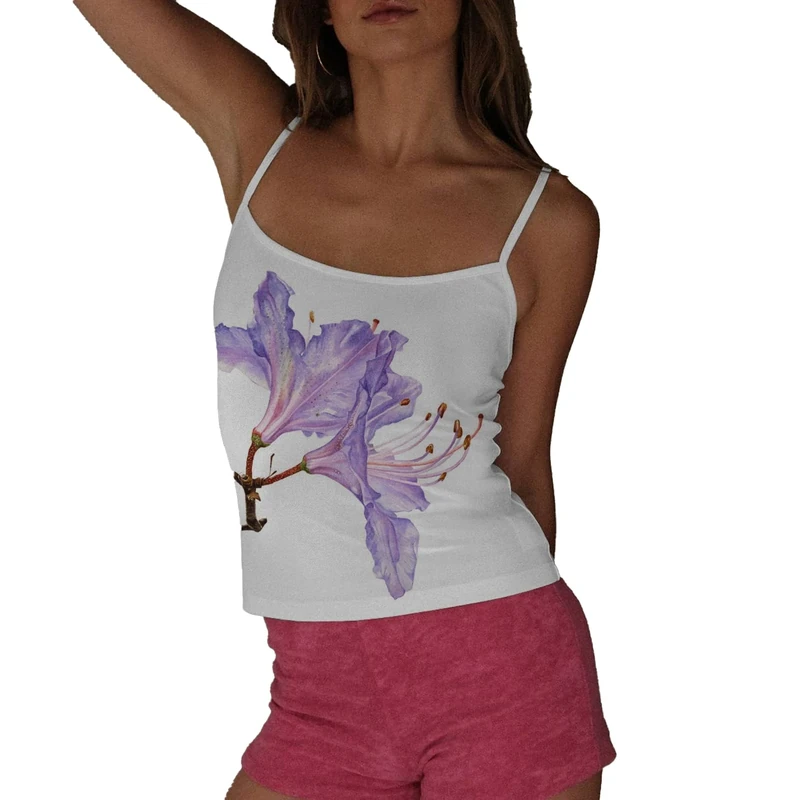 RUIWANBBY Women Y2k Floral Print Cami Crop Top Tight Fitted Scoop Neck Spaghetti Strap Cute Going Out Tank Tops Summer Clothes (Light Purple, L)