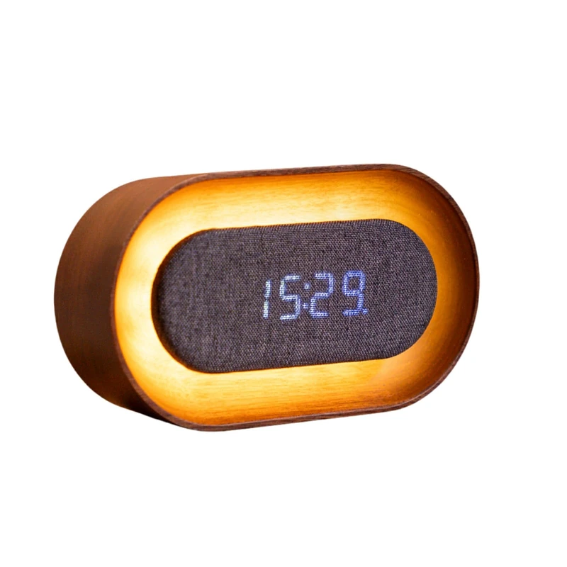 Gingko Design Lumos Alarm Clock – Oval, Walnut | LED Alarm Clock with Ambient Light | Modern Wooden Clock with Touch Control & Rechargeable Battery