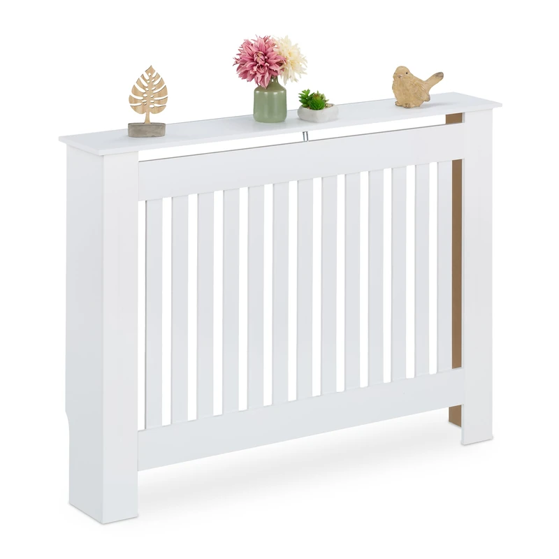 Relaxdays Radiator Cover, Cottage Style, HWD: 83 x 112 x 19 cm, Heating Surround Shelf, MDF, Cladding, Hideaway, White