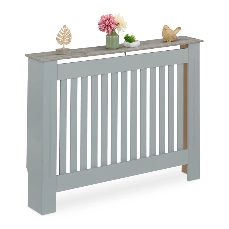 Relaxdays Radiator Cover, Slatted Design, HWD: 83x112x19 cm, Wood Effect Shelf, Central Heating Cladding, MDF, Grey
