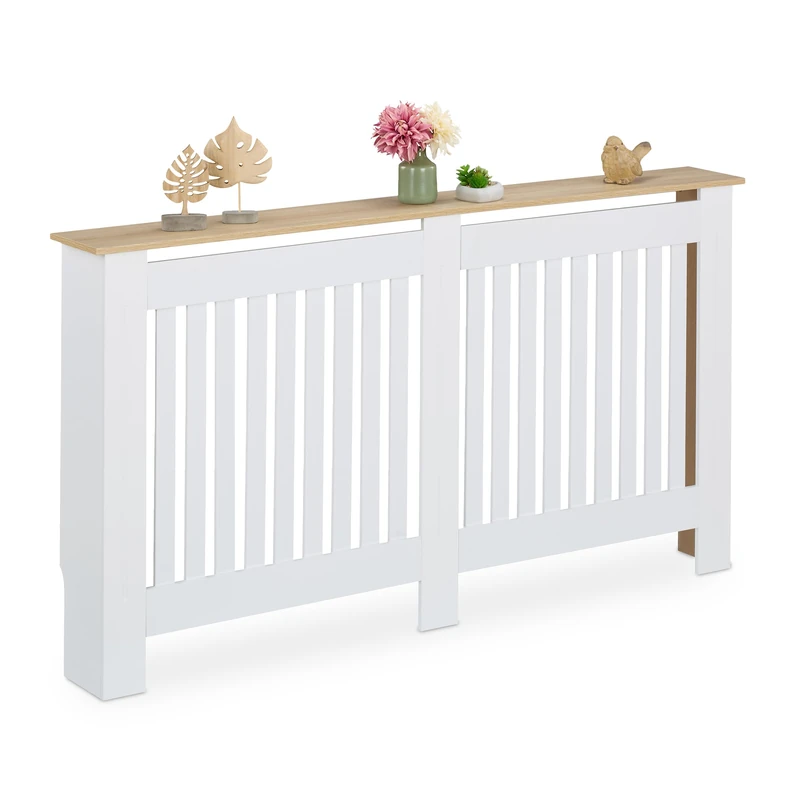 Relaxdays Radiator Cover, Slatted Design, HWD: 83x152x19 cm, Wood Effect Shelf, Central Heating Cladding, MDF, White