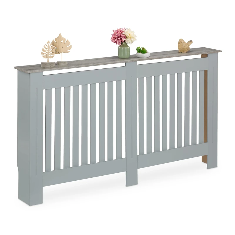 Relaxdays Radiator Cover Slats, HBT 83 x 152 x 19 cm, for Old Radiators, Radiator Cover with Shelf, MDF, Grey