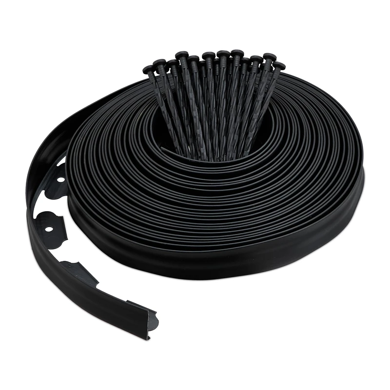 Relaxdays Lawn Edging with Ground Stakes, 20 m, for Flowerbed & Path Borders, Flexible Strip, Landscaping Divider, Black